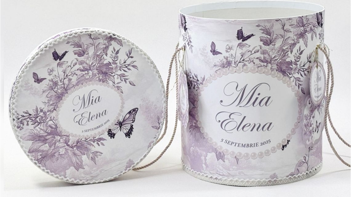 Trusou botez Purple Toile cu fluturi și flori mov personalizat 24